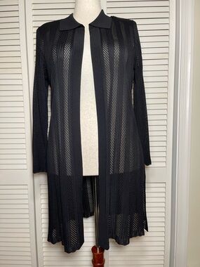 Exclusively Misook Black Jacket Cardigan Pointelle Open Front Long Sleeve Size L